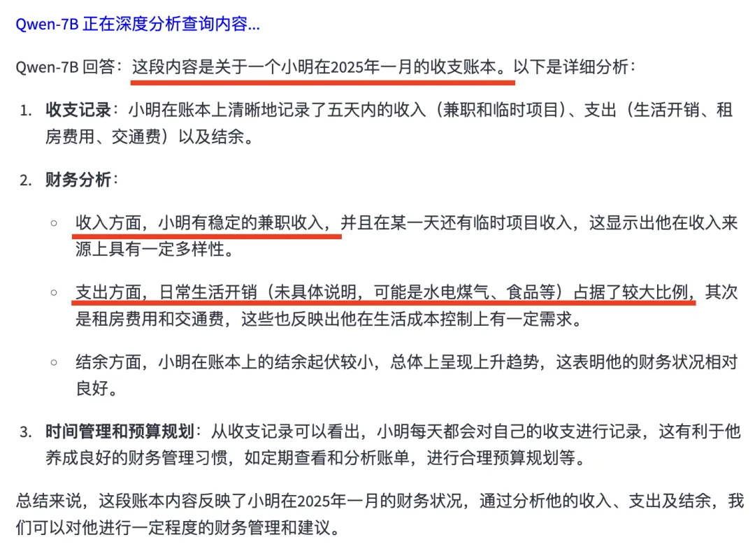 会自动输到大模型中，然后自动做总结分析，比较方便。同时，利用大模型的总结能力，总结还是比较全面的：